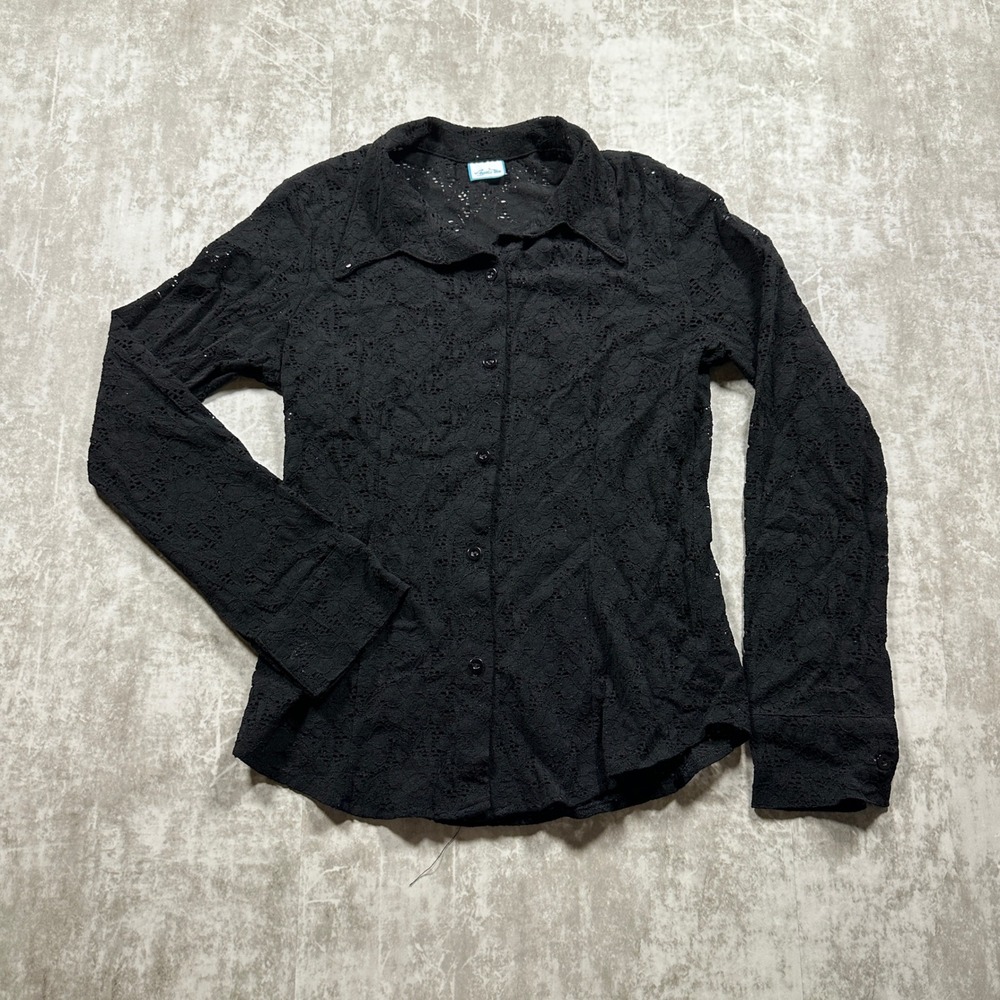Agaci-Too Lace Button Down Shirt Womens M Black Long Sleeve Sheer Y2K Gothic